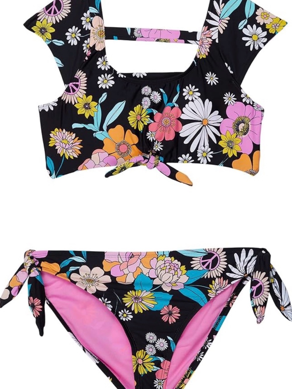 Hobie Black Floral Kids Swim Bikini with Pink, Yellow & Orange Flowers 10 NWT